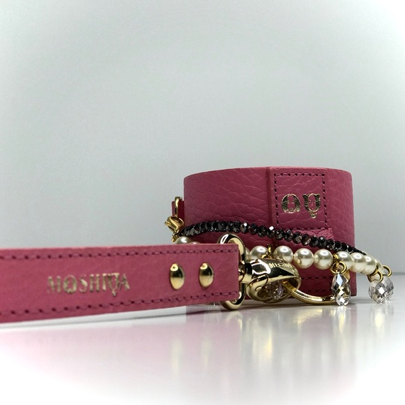 MOSHIQA Pink Leather Pearl Bracelet Dog Leash Crystal Cuff Luxury Pet Frenchie - Picture 2 of 15